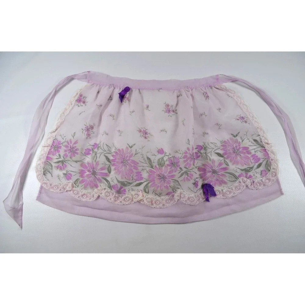 Vintage MCM 60s Half‎ Apron Sheer Purple Floral Pockets Waist Band 17